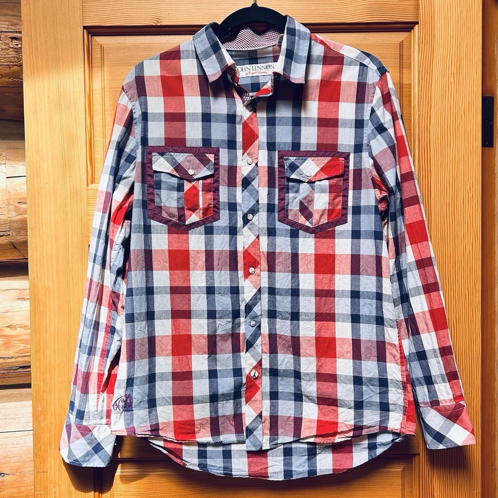 John Lennon English Laundry Pearl Snap Shirt Mens Med Flip Cuff Red/Blue Plaid